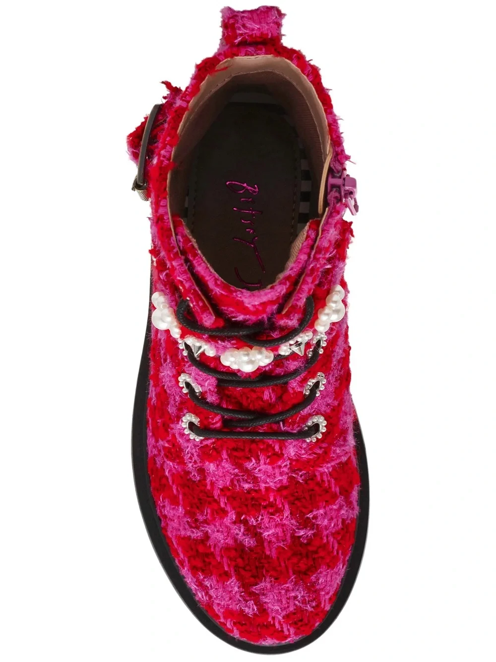 Betsey Johnson Hot Pink Tweed Pearl-Embellished Lace-Up Combat Boot